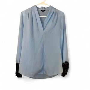 Kobi Women's Blue Long Sleeve Balloon Black Lace Pleated Shift Blouse Small XS